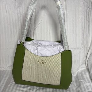 Kate Spade Lena Triple Compartment Green and Canvas Shoulder Bag